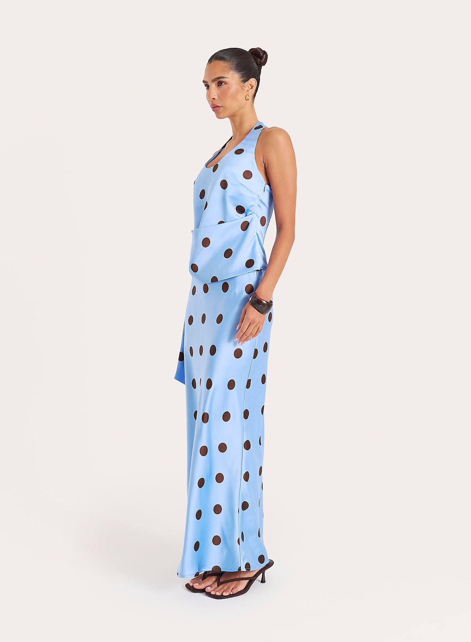 Blue And Chocolate Polka Dot Satin Maxi Skirt